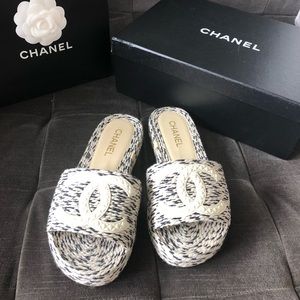 CHANEL Black and White Woven Slide Sandals